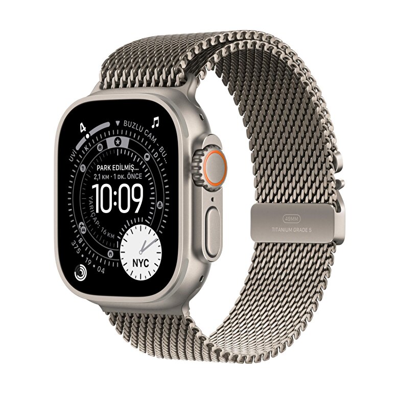 Apple Watch Ultra 3 GPS + Cellular 49mm Natürel Titanyum Kasa ve Natürel Titanyum Milano Loop - Orta Boy MEWY4TU/A