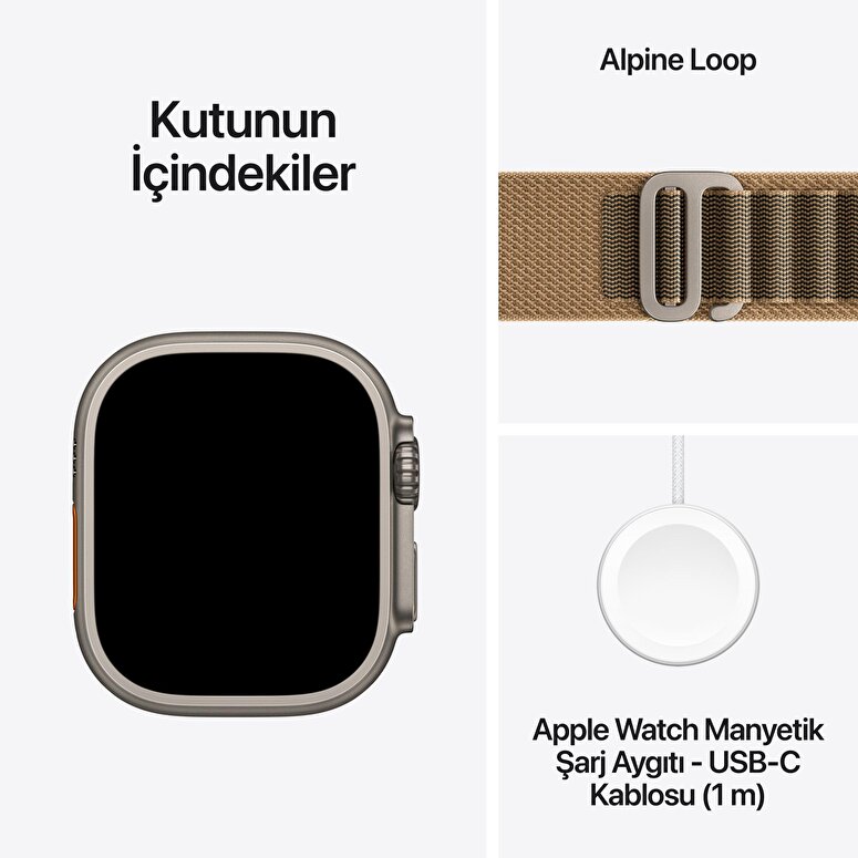 Apple Watch Ultra 4 GPS + Cellular, 49mm Natürel Titanyum Kasa ve Çöl Rengi Alpine Loop - Orta Boy MJAF4TU/A