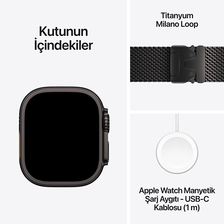 Apple Watch Ultra 4 GPS + Cellular, 49mm Siyah Titanyum Kasa ve Siyah Titanyum Milano Loop - Büyük Boy MJAX4TU/A