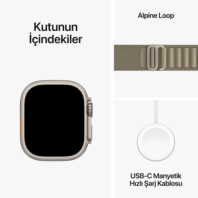 Apple Watch Ultra 2 GPS + Cellular, 49mm Titanyum Kasa ve Klasik Zeytin Yeşili Alpine Loop - Küçük Boy  MREX3TU/A