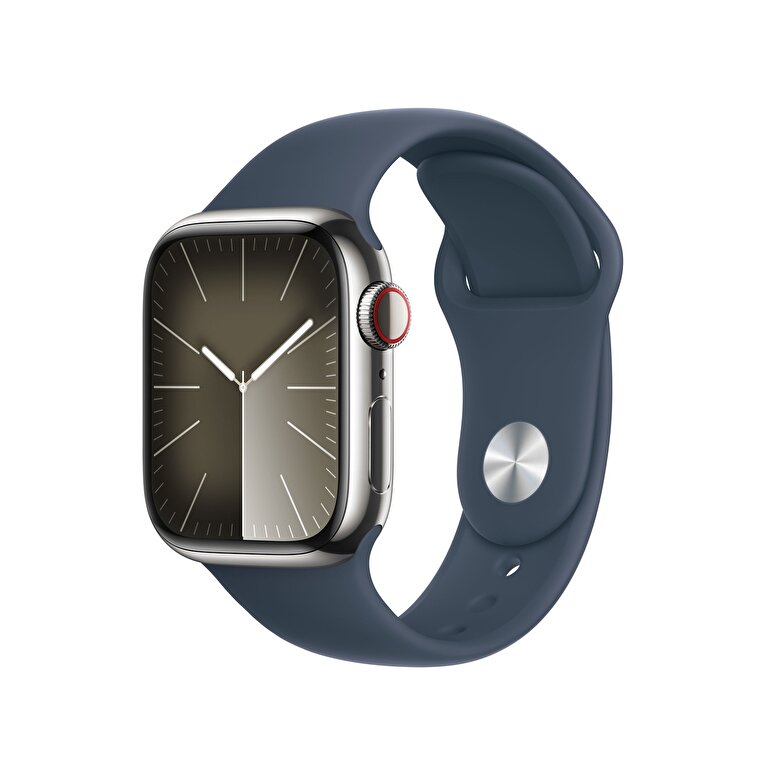 Apple Watch Series 9 GPS + Cellular 41mm Gümüş Rengi Paslanmaz Çelik Kasa ve Fırtına Mavisi Spor Kordon - M/L  MRJ33TU/A