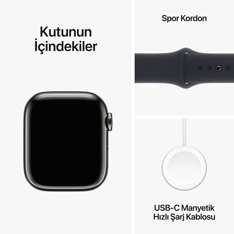 Apple Watch Series 9 GPS + Cellular 41mm Grafit Paslanmaz Çelik Kasa ve Gece Yarısı Spor Kordon - S/M  MRJ83TU/A