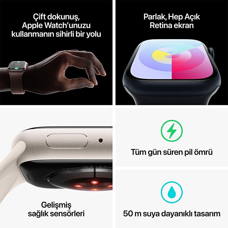 Apple Watch Series 9 GPS + Cellular 45mm Yıldız Işığı Alüminyum Kasa ve Yıldız Işığı Spor Kordon - S/M - MRM83TU/A MRM83TU/A