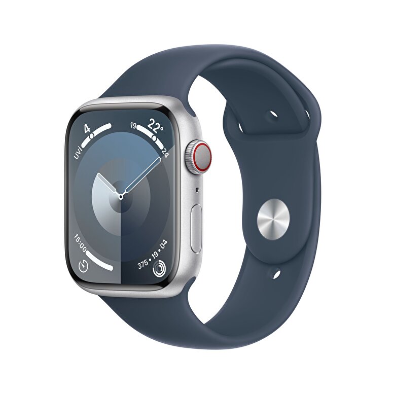 Apple Watch Series 9 GPS + Cellular 45mm Gümüş Rengi Alüminyum Kasa ve Fırtına Mavisi Spor Kordon - M/L  MRMH3TU/A