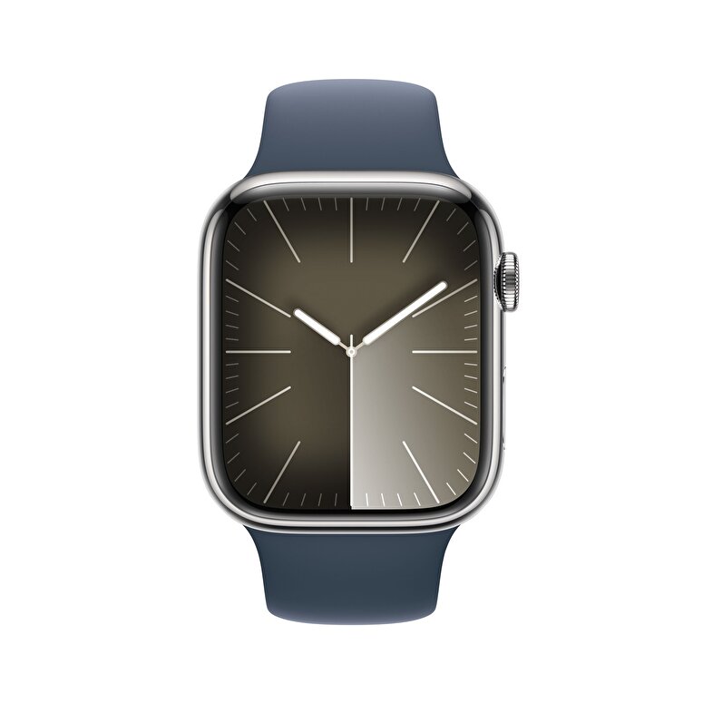 Apple Watch Series 9 GPS + Cellular 45mm Gümüş Rengi Paslanmaz Çelik Kasa ve Fırtına Mavisi Spor Kordon - S/M  MRMN3TU/A