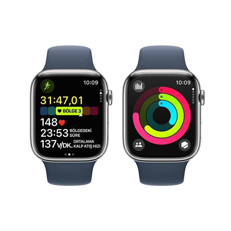 Apple Watch Series 9 GPS + Cellular 45mm Gümüş Rengi Paslanmaz Çelik Kasa ve Fırtına Mavisi Spor Kordon - S/M  MRMN3TU/A