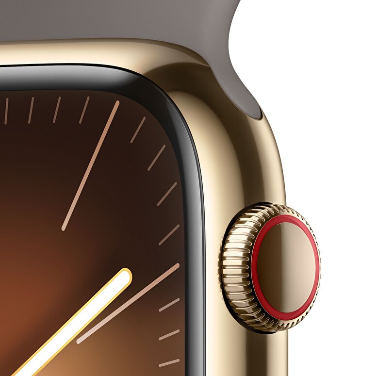 Apple Watch Series 9 GPS + Cellular 45mm Altın Rengi Paslanmaz Çelik Kasa ve Kil Rengi Spor Kordon - M/L - MRMT3TU/A MRMT3TU/A
