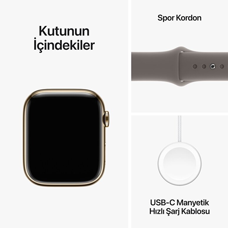 Apple Watch Series 9 GPS + Cellular 45mm Altın Rengi Paslanmaz Çelik Kasa ve Kil Rengi Spor Kordon - M/L - MRMT3TU/A MRMT3TU/A