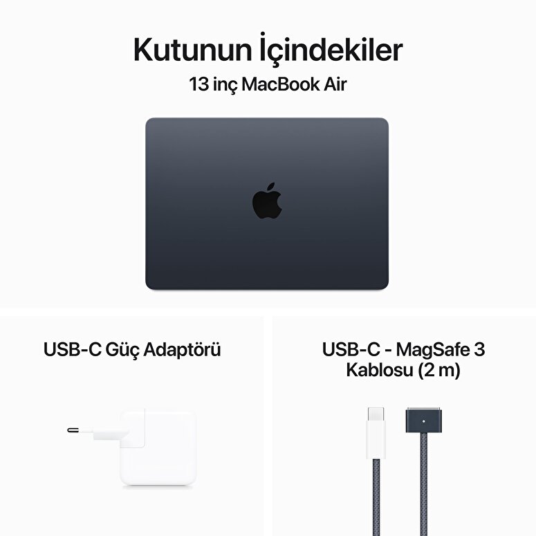 MacBook Air 13 inç M3 Çip 8CPU 10GPU 8GB Bellek 512GB SSD Gece Yarısı MRXW3TU/A