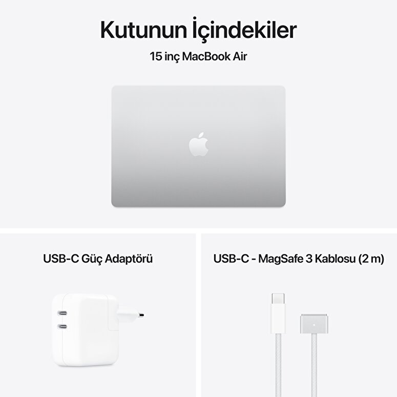 Apple MacBook Air 15' M4 Çip 10 Çekirdekli CPU 10 Çekirdekli GPU 16GB Bellek 512GB SSD Gümüş MW1H3TU/A