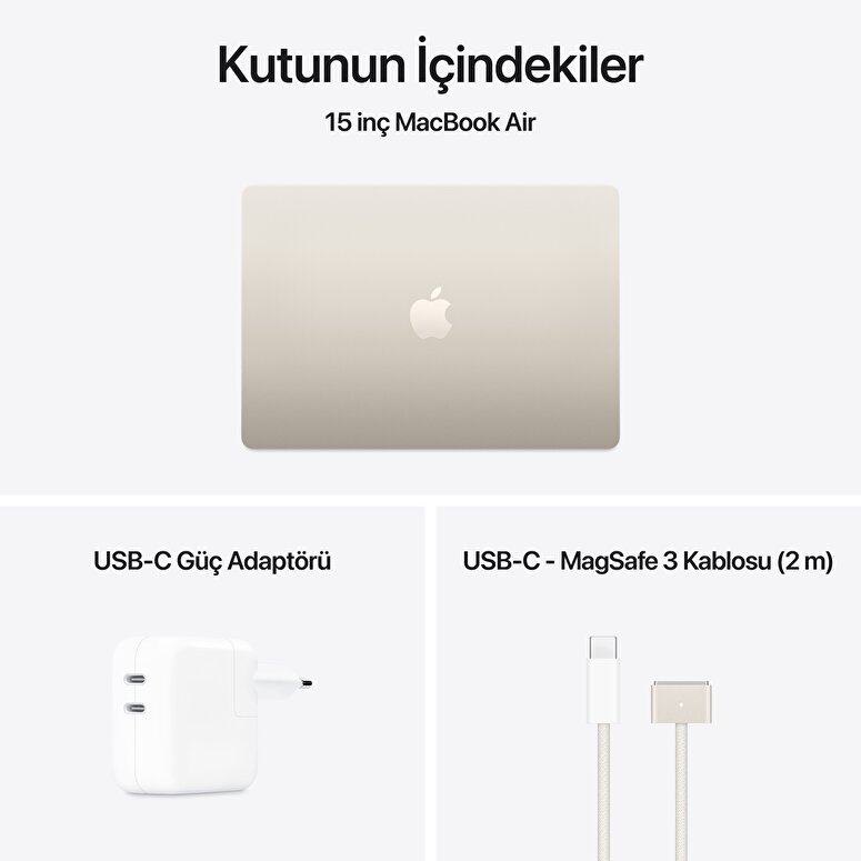 Apple MacBook Air 15' M4 Çip 10 Çekirdekli CPU 10 Çekirdekli GPU 16GB Bellek 256GB SSD Yıldız Işığı MW1J3TU/A