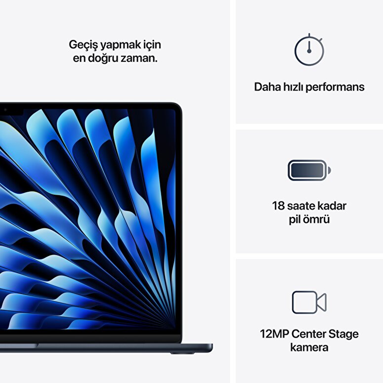 Apple MacBook Air 15' M4 Çip 10 Çekirdekli CPU 10 Çekirdekli GPU 16GB Bellek 256GB SSD Gece Yarısı MW1L3TU/A