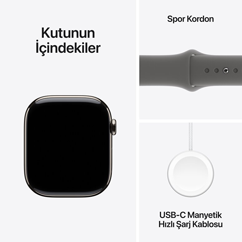 Apple Watch Series 10 GPS + Cellular 42mm Natürel Titanyum Kasa  Taş Grisi Spor Kordon - S/M  MWXD3TU/A
