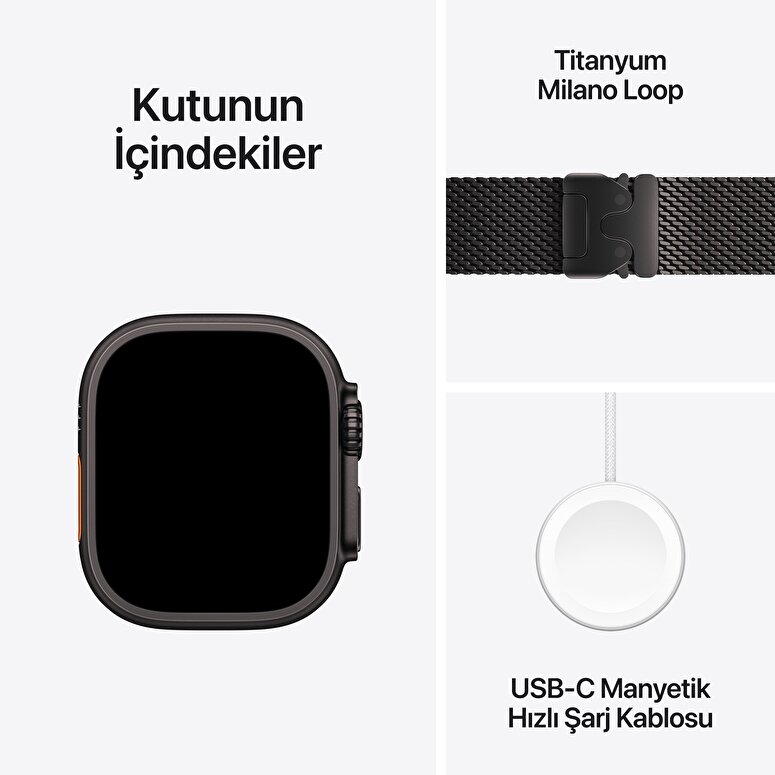 Apple Watch Ultra 2 GPS + Cellular 49mm Siyah Titanyum Kasa  Siyah Titanyum Milano Loop - L  MX5V3TU/A