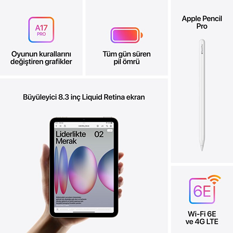Apple iPad Mini 256GB 8.3" Wi-Fi + Cellular Yıldız Işığı  MXPX3TU/A