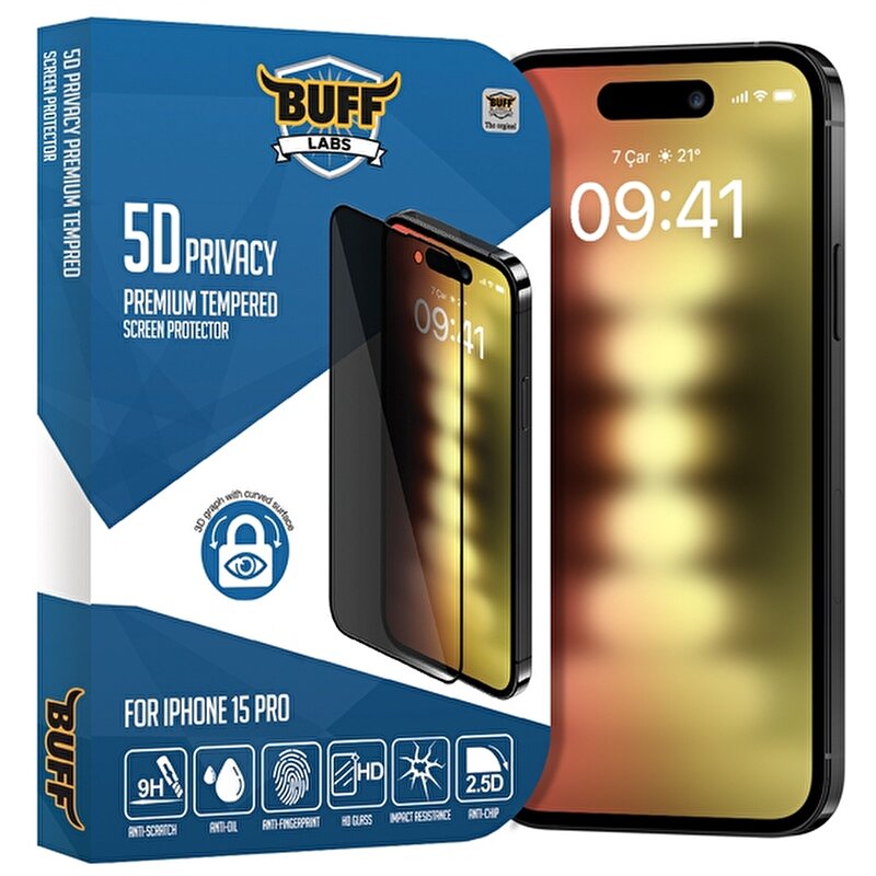 Buff iPhone 15 Pro 5D Privacy Ekran Koruyucu 8683548216908