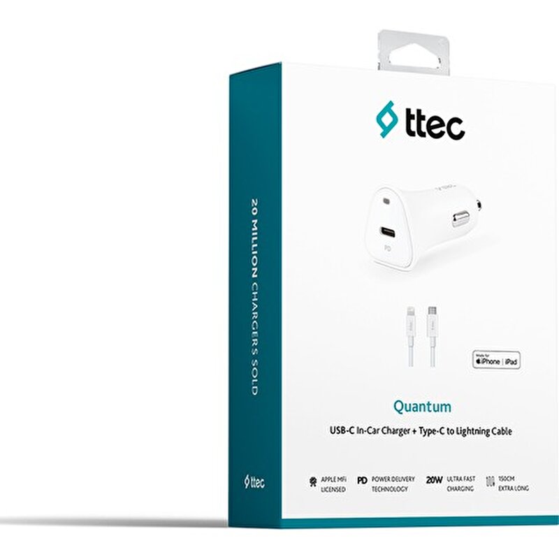 Ttec Quantum 20W Araç Şarj Aleti+TypeC Kablo-Beyaz 8694470826394