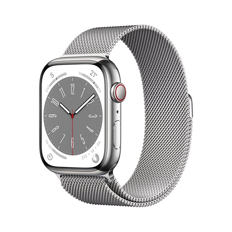 Apple Watch Series 8 GPS + Cellular 45mm Gümüş Rengi Paslanmaz Çelik Kasa Gümüş Milano Kordon MNKJ3TU/A MNKJ3TU/A