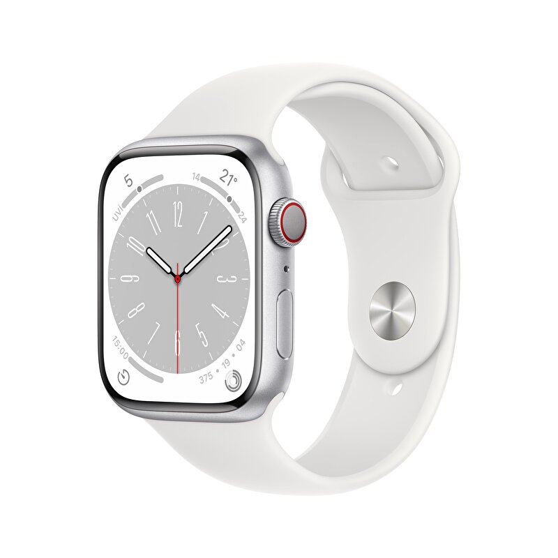 Apple Watch Series 8 GPS + Cellular 45mm Gümüş Rengi Alüminyum Kasa Beyaz Spor Kordon - MP4J3TU/A MP4J3TU/A