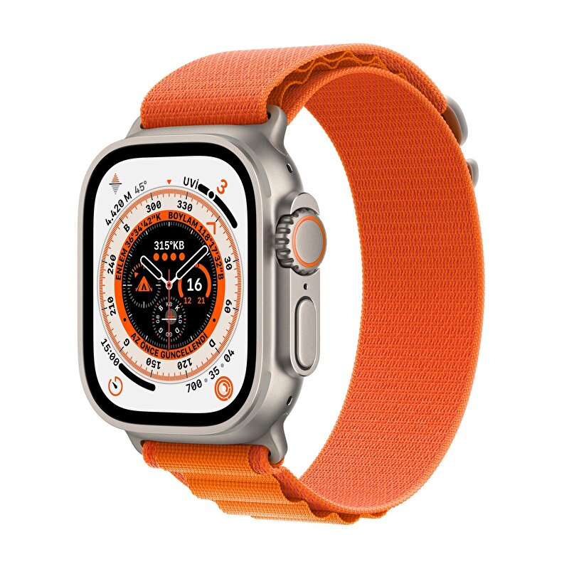 Apple Watch Ultra GPS + Cellular 49mm Titanyum Kasa ve Turuncu Alpine Loop - Orta Boy MQFL3TU/A