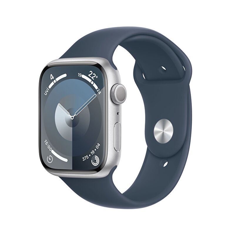 Apple Watch Series 9 GPS 45mm Gümüş Rengi Alüminyum Kasa ve Fırtına Mavisi Spor Kordon - M/L - MR9E3TU/A MR9E3TU/A