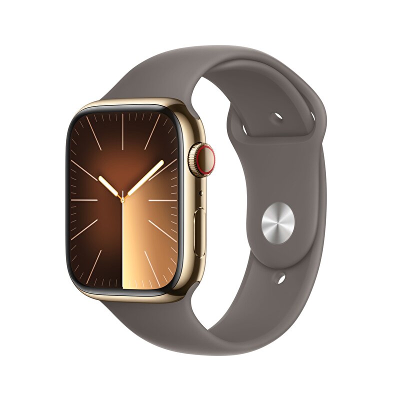 Apple Watch Series 9 GPS + Cellular 45mm Altın Rengi Paslanmaz Çelik Kasa ve Kil Rengi Spor Kordon - M/L - MRMT3TU/A MRMT3TU/A